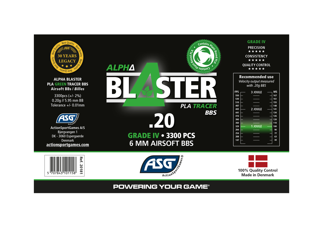 Bolas Tracer Alpha Blaster PLA 0.20g Verdes 3300 BBs – Máxima visibilidad y precisión