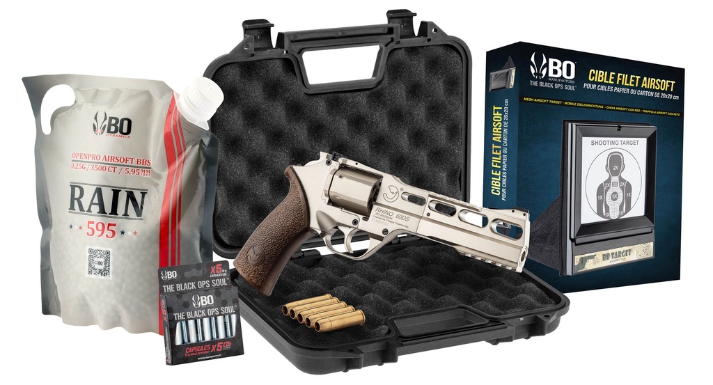 Pack de pistola CO₂ Chiappa RHINO 60DS + BB + diana + maletín